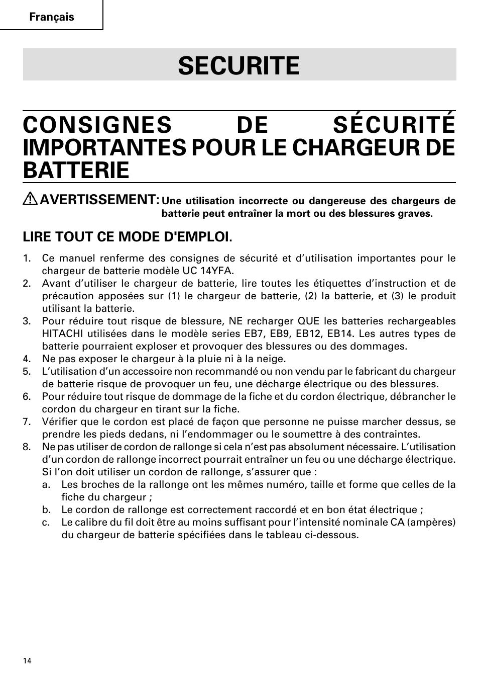 Securite, Avertissement, Lire tout ce mode d'emploi | InFocus UC 14YFA User Manual | Page 14 / 34