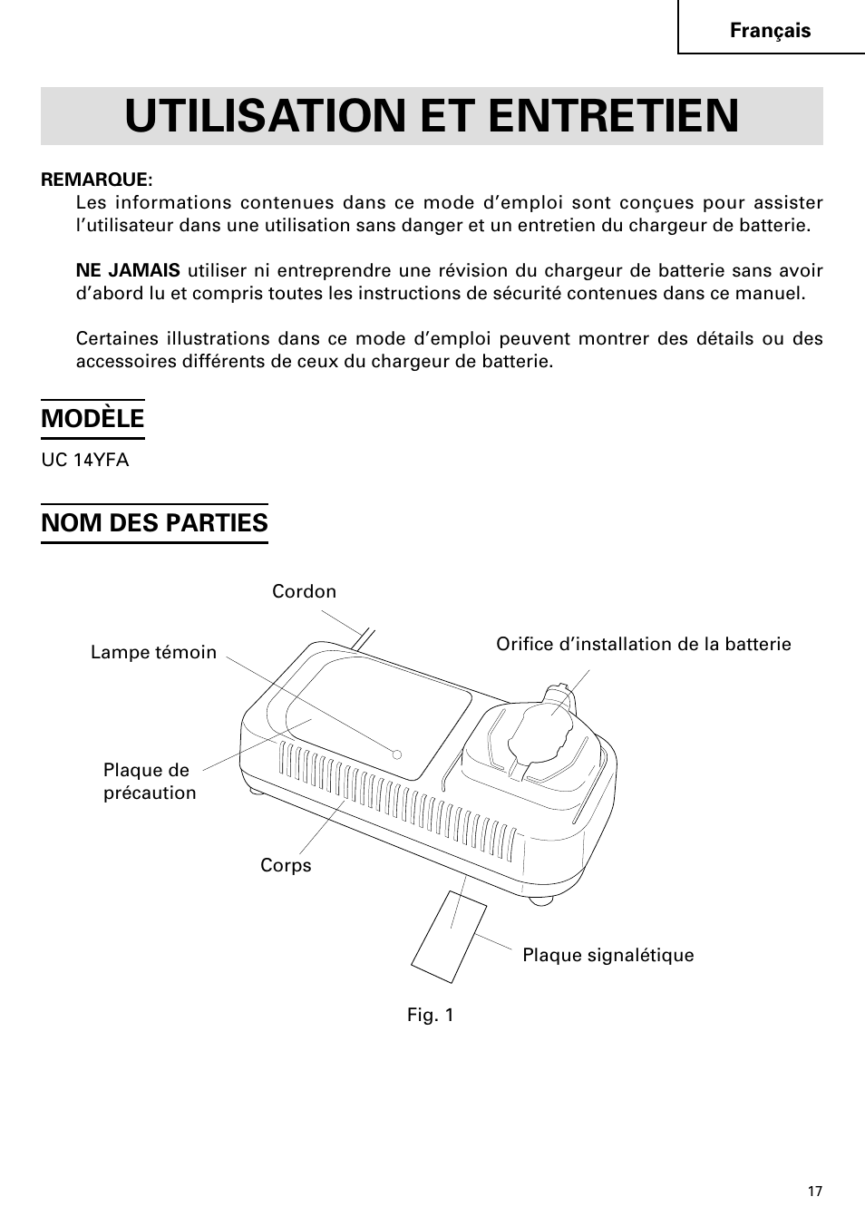 Utilisation et entretien, Modèle, Nom des parties | InFocus UC 14YFA User Manual | Page 17 / 34