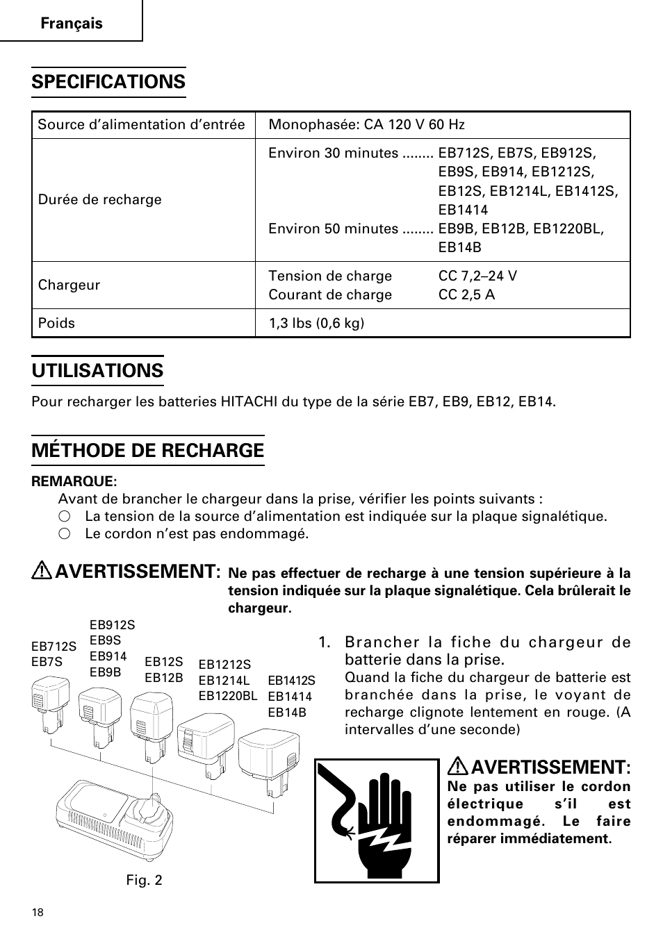 Utilisations, Méthode de recharge, Avertissement | Specifications | InFocus UC 14YFA User Manual | Page 18 / 34