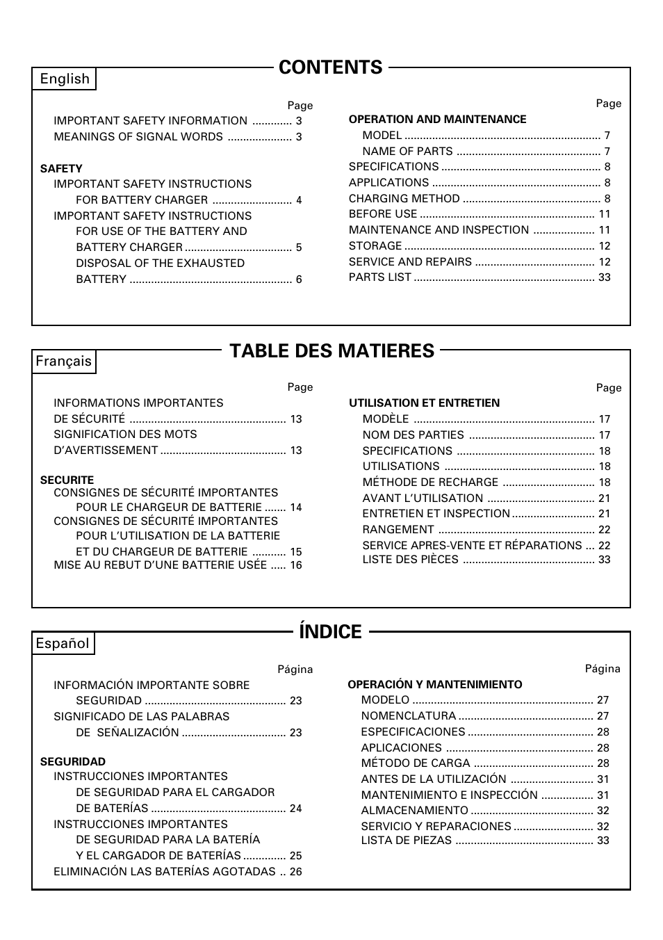 Contents table des matieres índice, English, Español | Français | InFocus UC 14YFA User Manual | Page 2 / 34