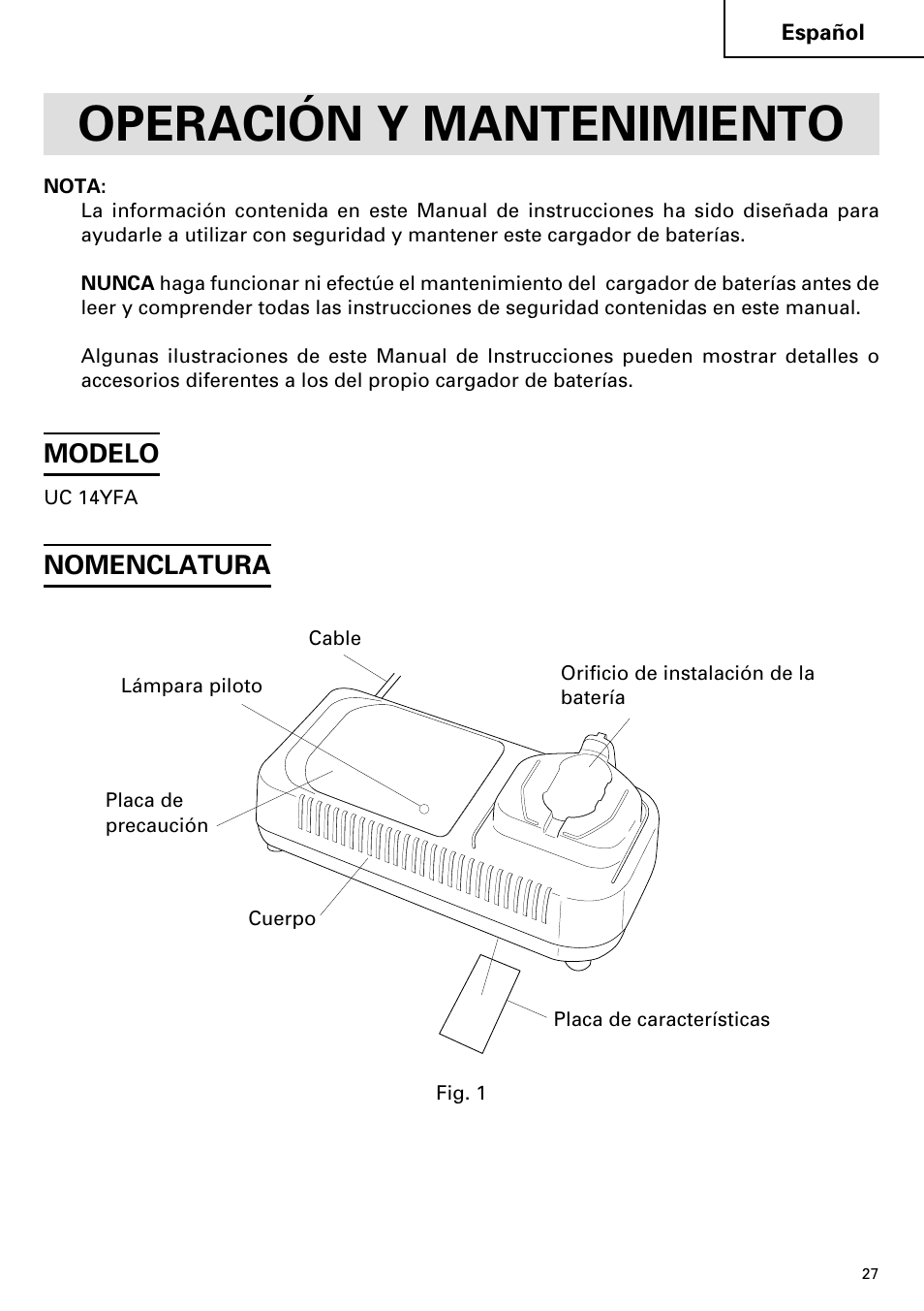 Operación y mantenimiento, Modelo, Nomenclatura | InFocus UC 14YFA User Manual | Page 27 / 34