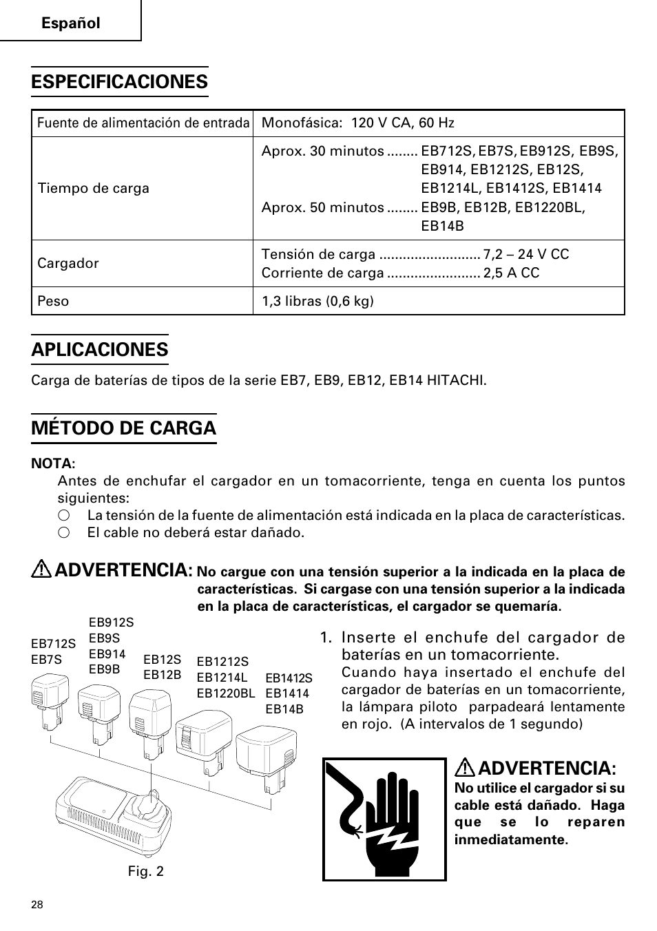 Aplicaciones, Método de carga, Advertencia | Especificaciones | InFocus UC 14YFA User Manual | Page 28 / 34