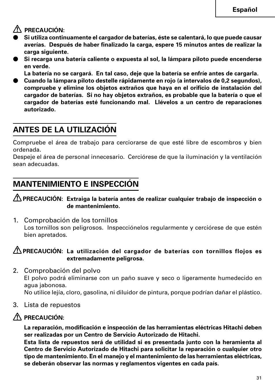 Antes de la utilización, Mantenimiento e inspección | InFocus UC 14YFA User Manual | Page 31 / 34