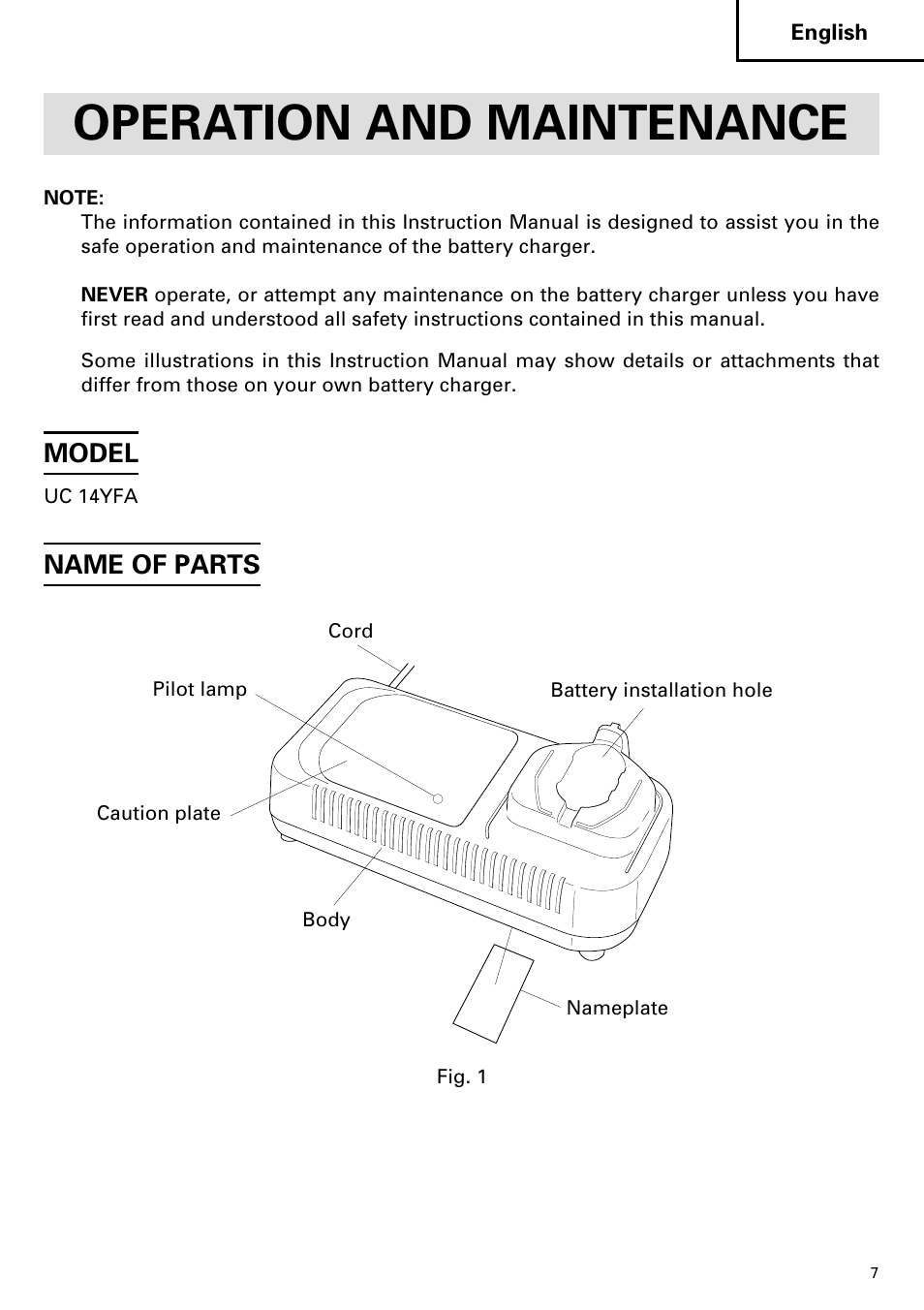 Operation and maintenance, Model, Name of parts | InFocus UC 14YFA User Manual | Page 7 / 34