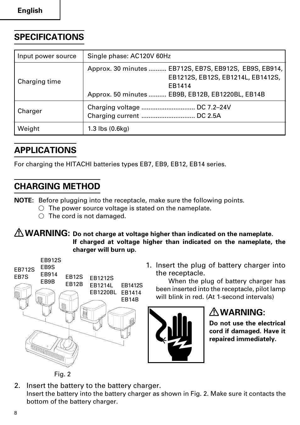 Applications, Charging method, Warning | Specifications | InFocus UC 14YFA User Manual | Page 8 / 34