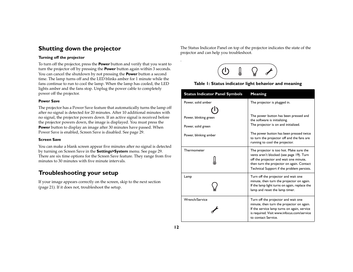 Shutting down the projector, Troubleshooting your setup | InFocus IN37 User Manual | Page 13 / 39
