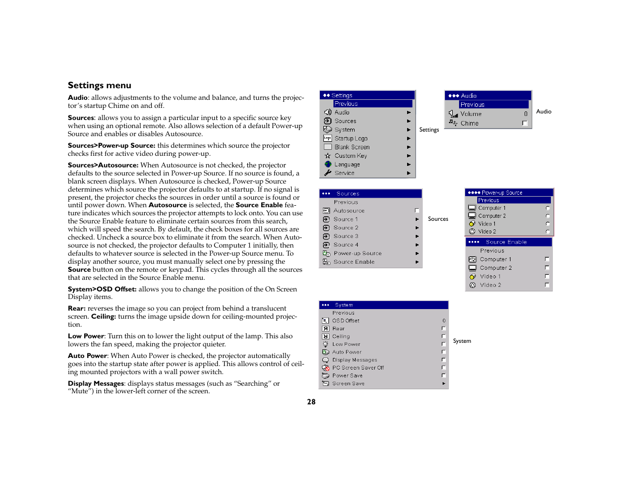 Settings menu | InFocus IN37 User Manual | Page 29 / 39