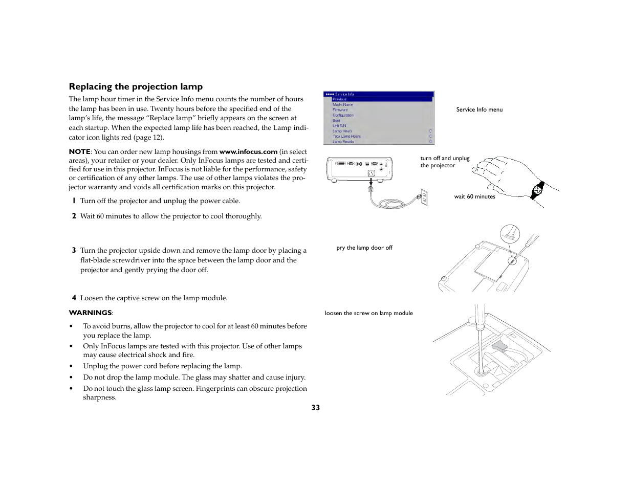 Replacing the projection lamp | InFocus IN37 User Manual | Page 34 / 39