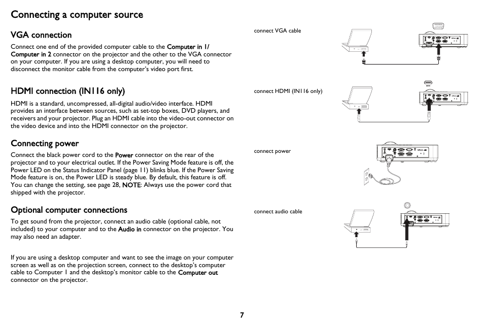Connecting a computer source, Vga connection, Connecting power | Optional computer connections, Hdmi connection (in116 only) | InFocus IN116 User Manual | Page 8 / 35