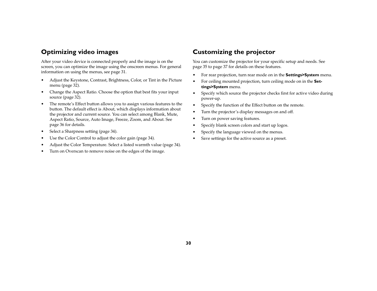 Optimizing video images, Customizing the projector | InFocus X1 User Manual | Page 30 / 49