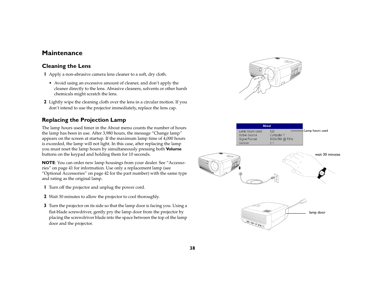 Maintenance, Cleaning the lens, Replacing the projection lamp | InFocus X1 User Manual | Page 38 / 49