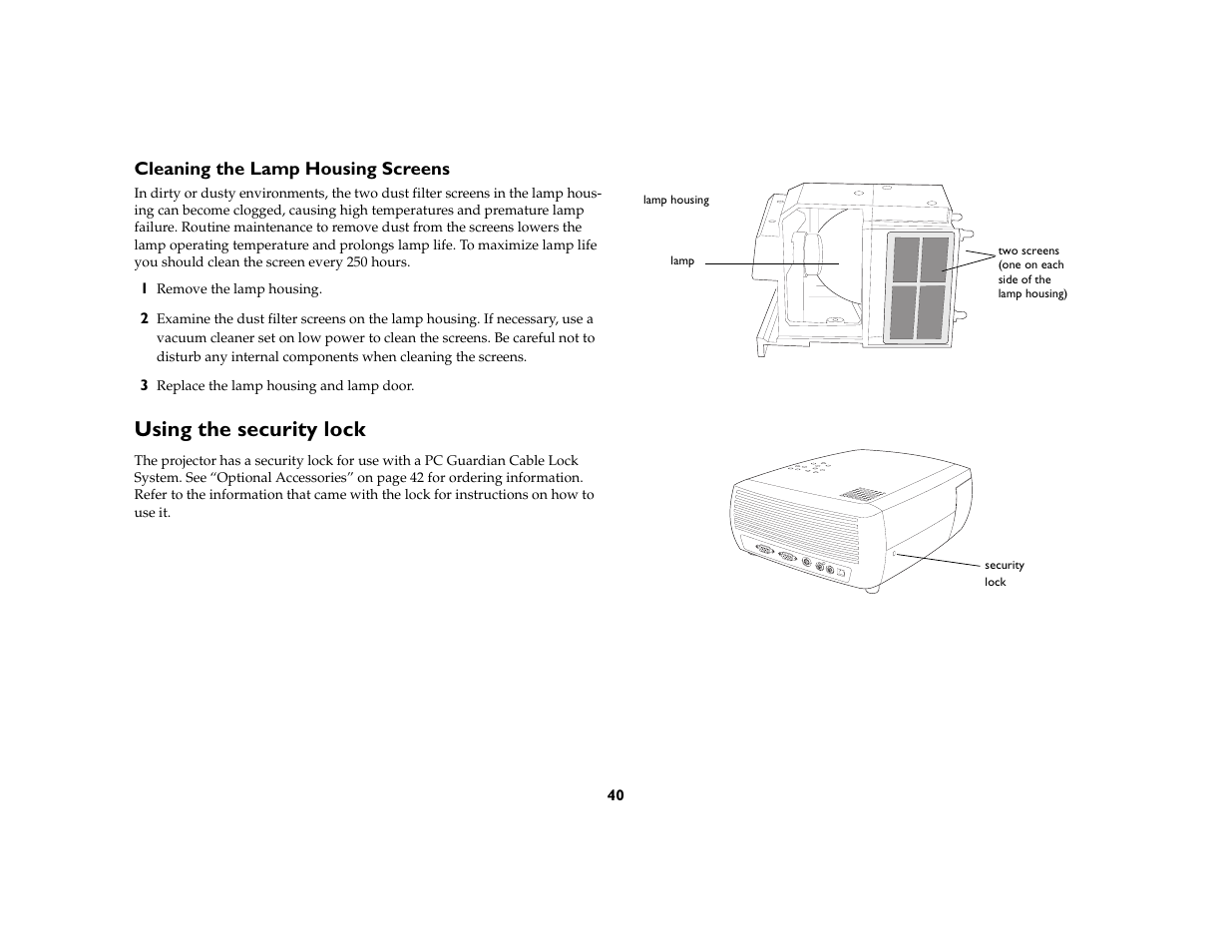 Cleaning the lamp housing screens, Using the security lock | InFocus X1 User Manual | Page 40 / 49