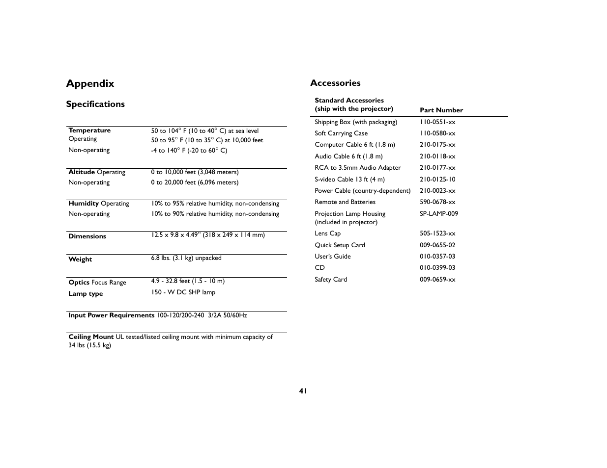 Appendix, Specifications, Accessories | Specifications accessories | InFocus X1 User Manual | Page 41 / 49