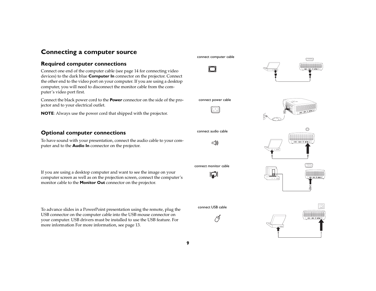 Connecting a computer source, Required computer connections, Optional computer connections | InFocus X1 User Manual | Page 9 / 49