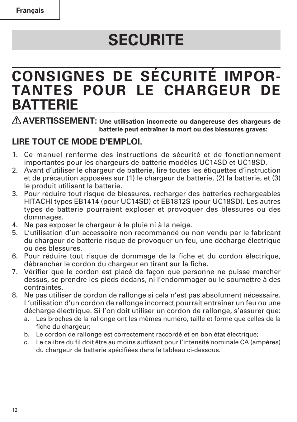 Securite, Avertissement, Lire tout ce mode d'emploi | InFocus UC 18SD User Manual | Page 12 / 32