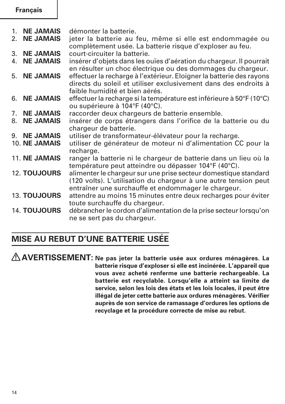 Mise au rebut d’une batterie usée avertissement | InFocus UC 18SD User Manual | Page 14 / 32