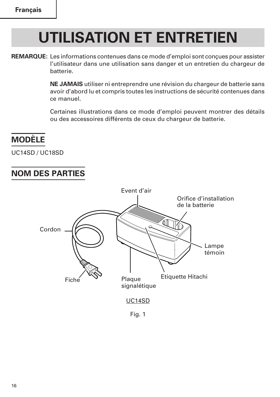 Utilisation et entretien, Modèle, Nom des parties | InFocus UC 18SD User Manual | Page 16 / 32