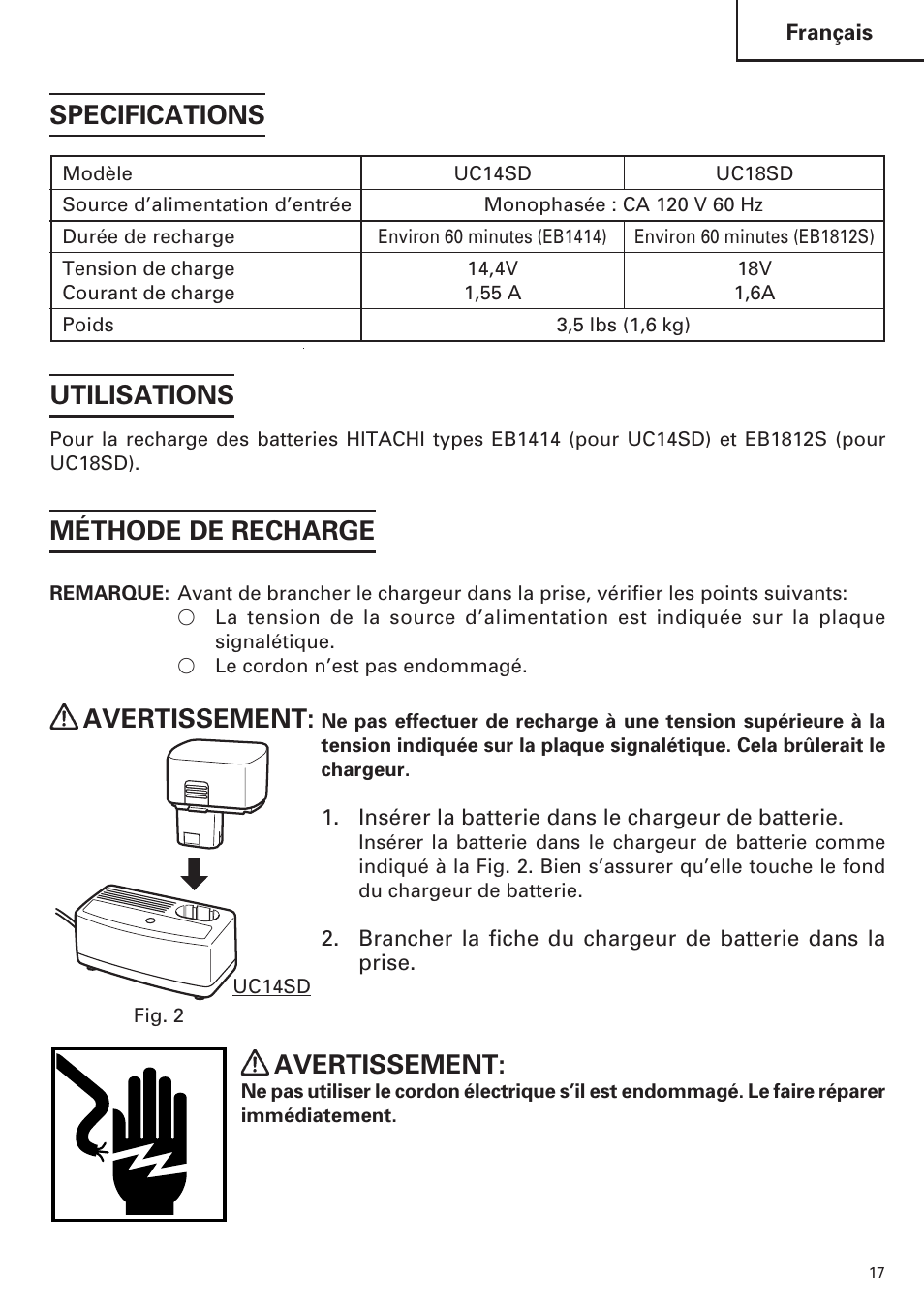 Specifications utilisations, Méthode de recharge, Avertissement | InFocus UC 18SD User Manual | Page 17 / 32
