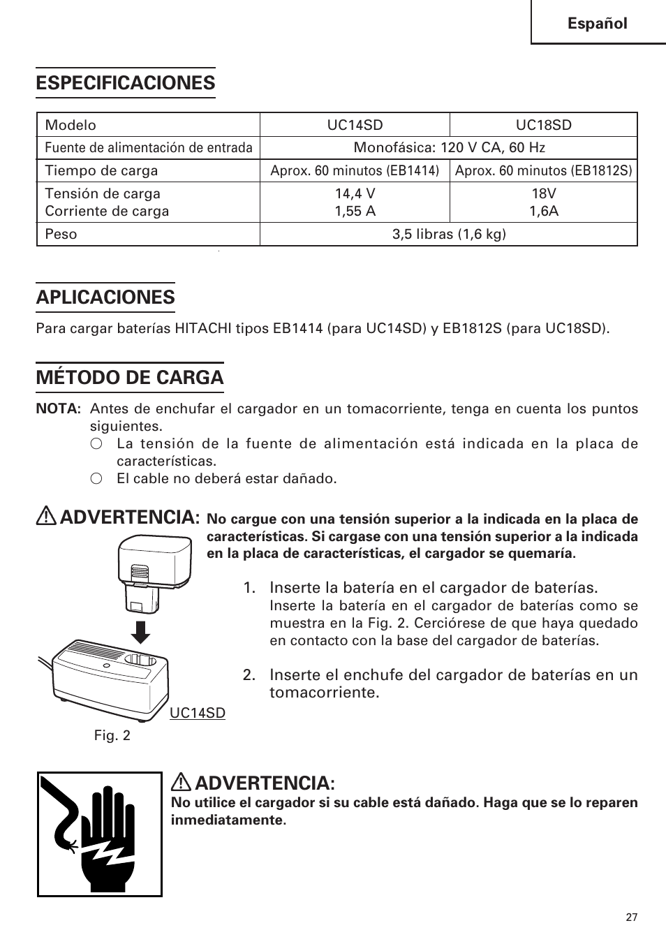 Especificaciones aplicaciones, Método de carga, Advertencia | InFocus UC 18SD User Manual | Page 27 / 32