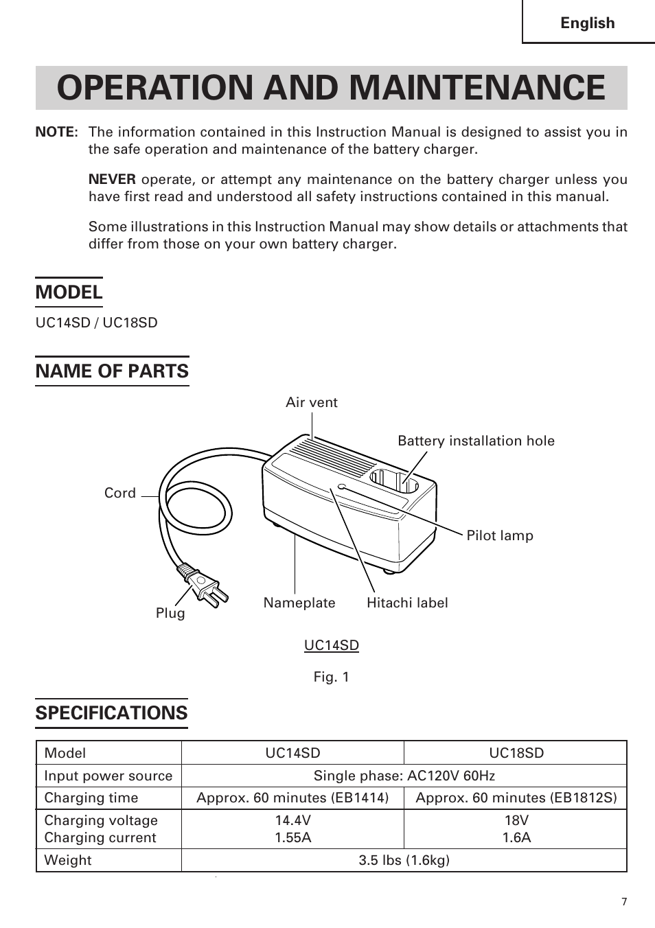 Operation and maintenance, Model, Name of parts | Specifications | InFocus UC 18SD User Manual | Page 7 / 32