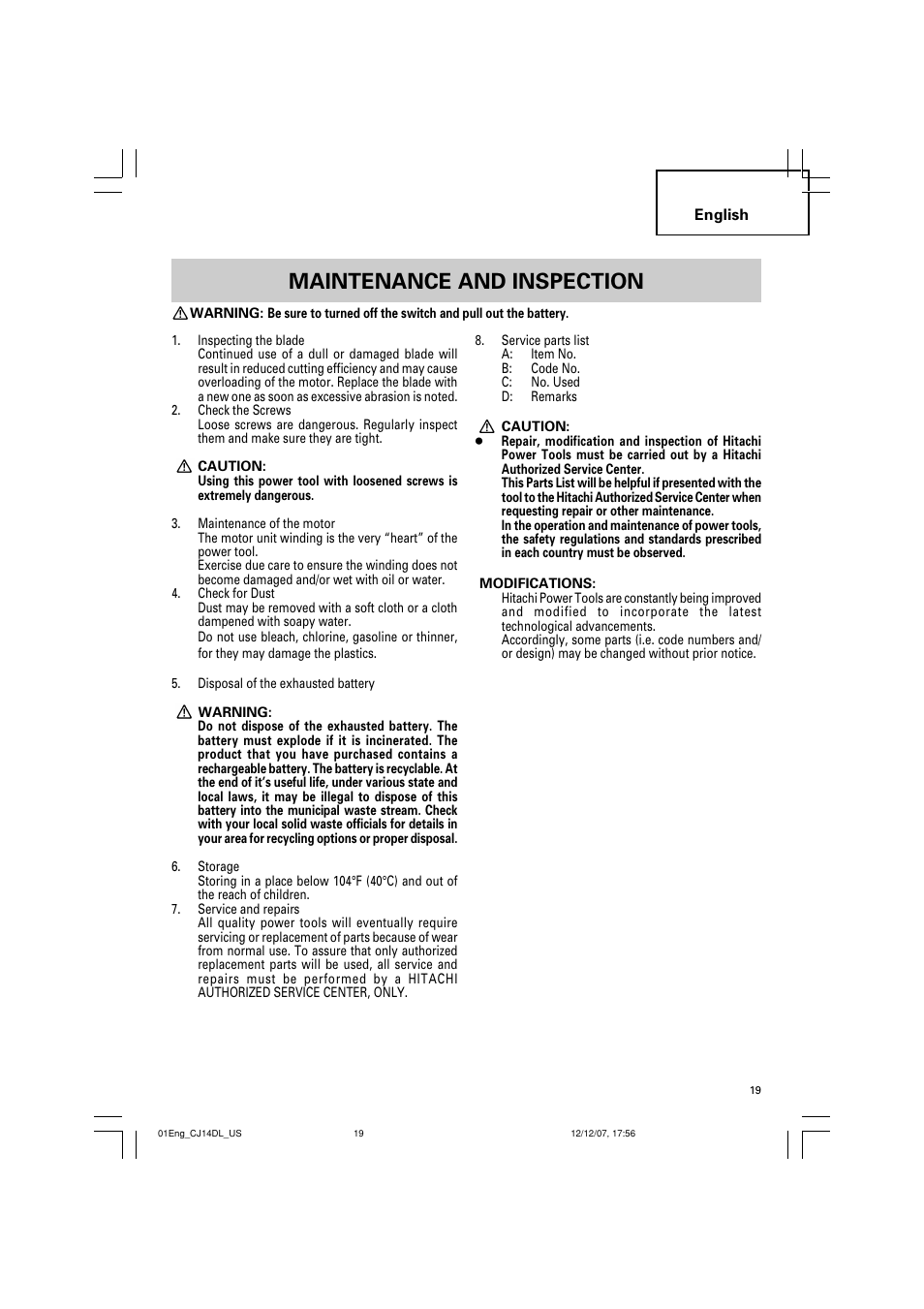 Maintenance and inspection | InFocus CJ 14DL User Manual | Page 19 / 64