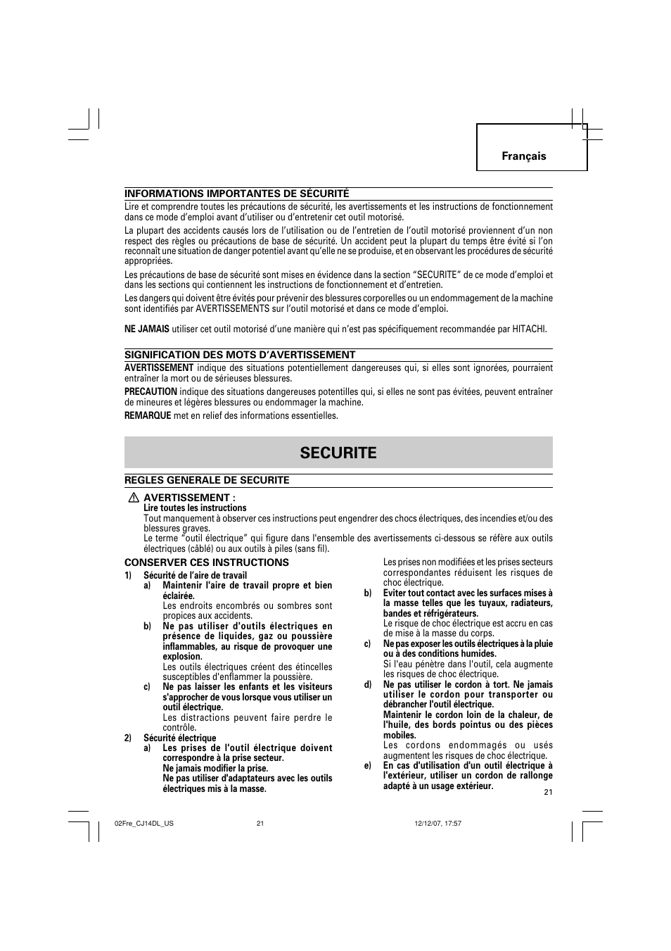 〲䙲敟䍊ㄴ䑌录, Securite | InFocus CJ 14DL User Manual | Page 21 / 64