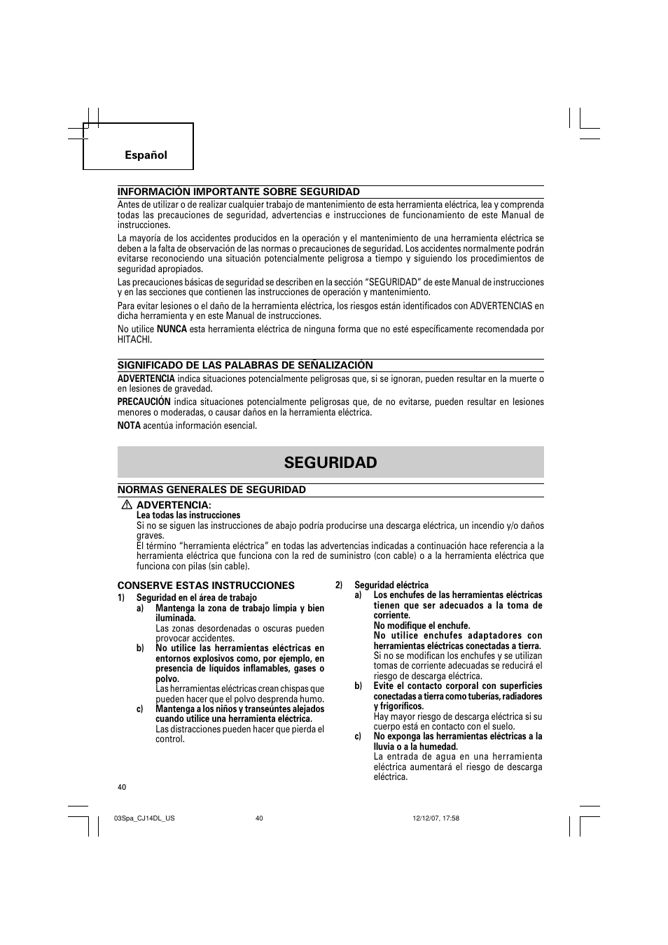 〳印慟䍊ㄴ䑌录, Seguridad | InFocus CJ 14DL User Manual | Page 40 / 64