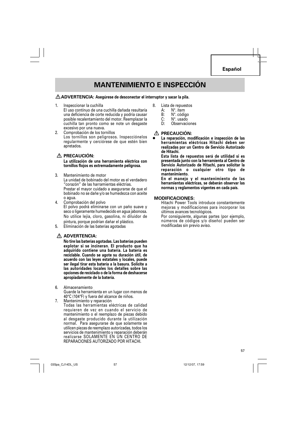 Mantenimiento e inspección | InFocus CJ 14DL User Manual | Page 57 / 64