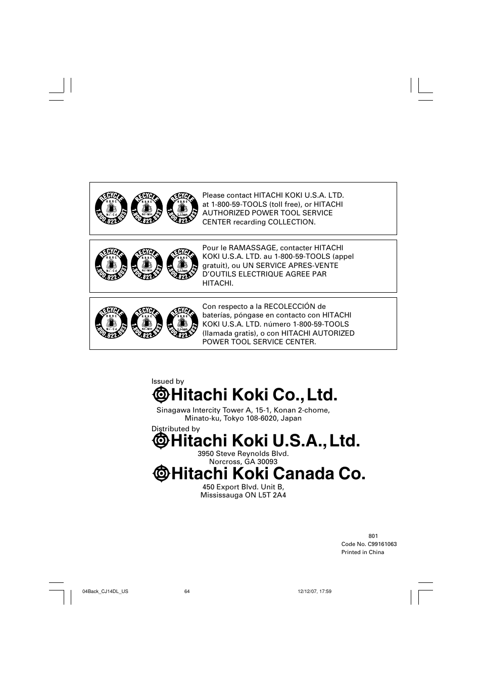 Hitachi koki co., ltd, Hitachi koki u.s.a., ltd, Hitachi koki canada co | InFocus CJ 14DL User Manual | Page 64 / 64
