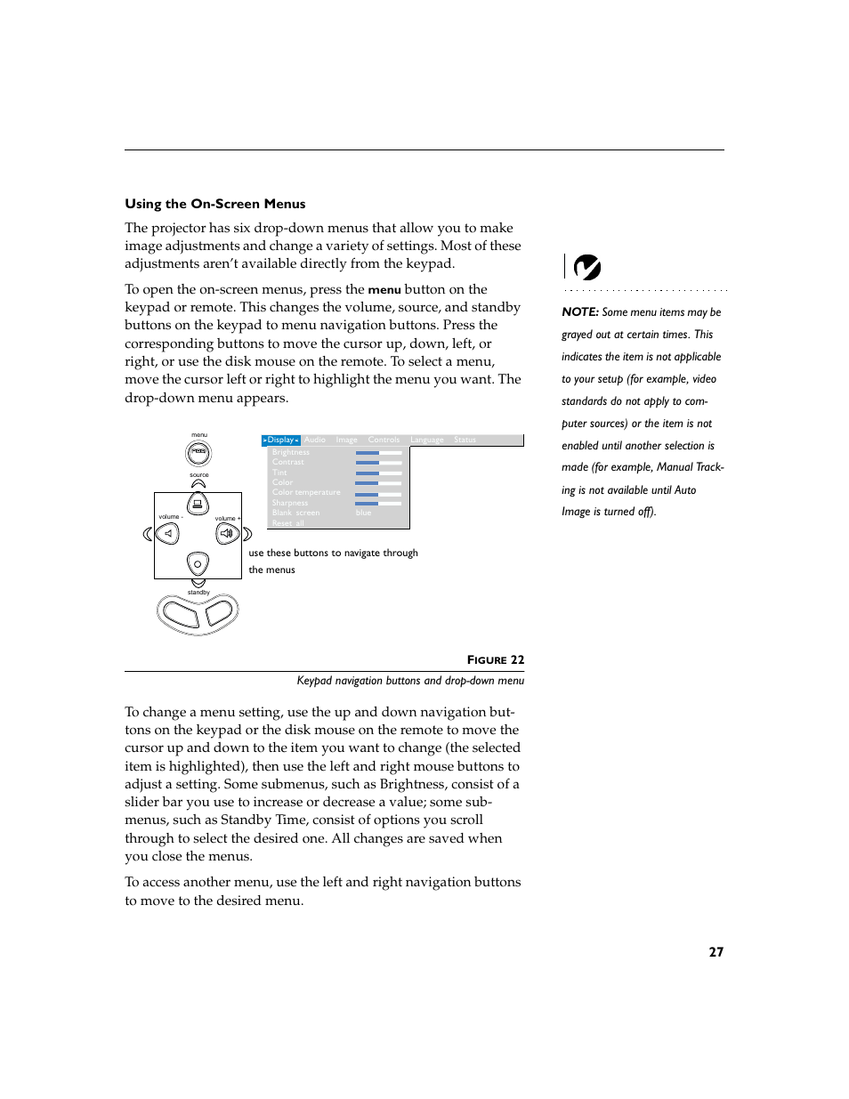 Heading2 - using the on-screen menus, Using the on-screen menus | InFocus XGA multimedia projector LP930 User Manual | Page 36 / 77