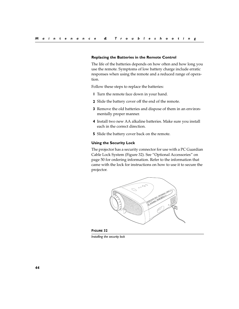 Heading2 - using the security lock, Replacing the batteries in the remote control, Using the security lock | InFocus XGA multimedia projector LP930 User Manual | Page 53 / 77