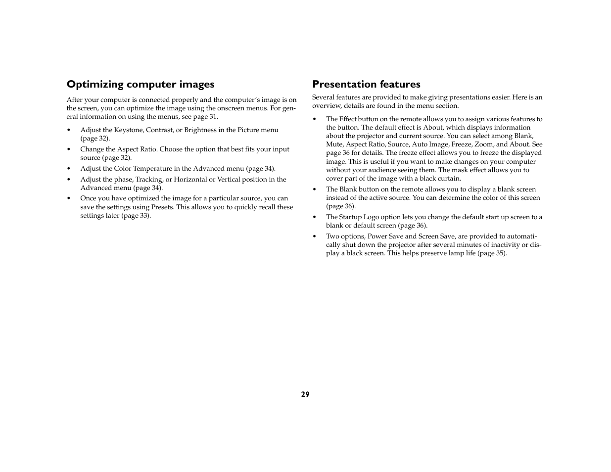 Optimizing computer images, Presentation features | InFocus X1 User Manual | Page 30 / 50