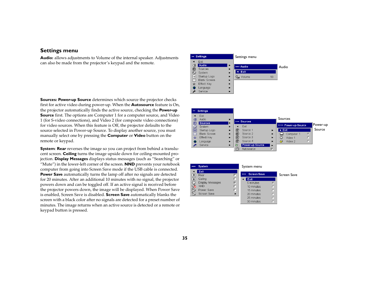 Settings menu | InFocus X1 User Manual | Page 36 / 50