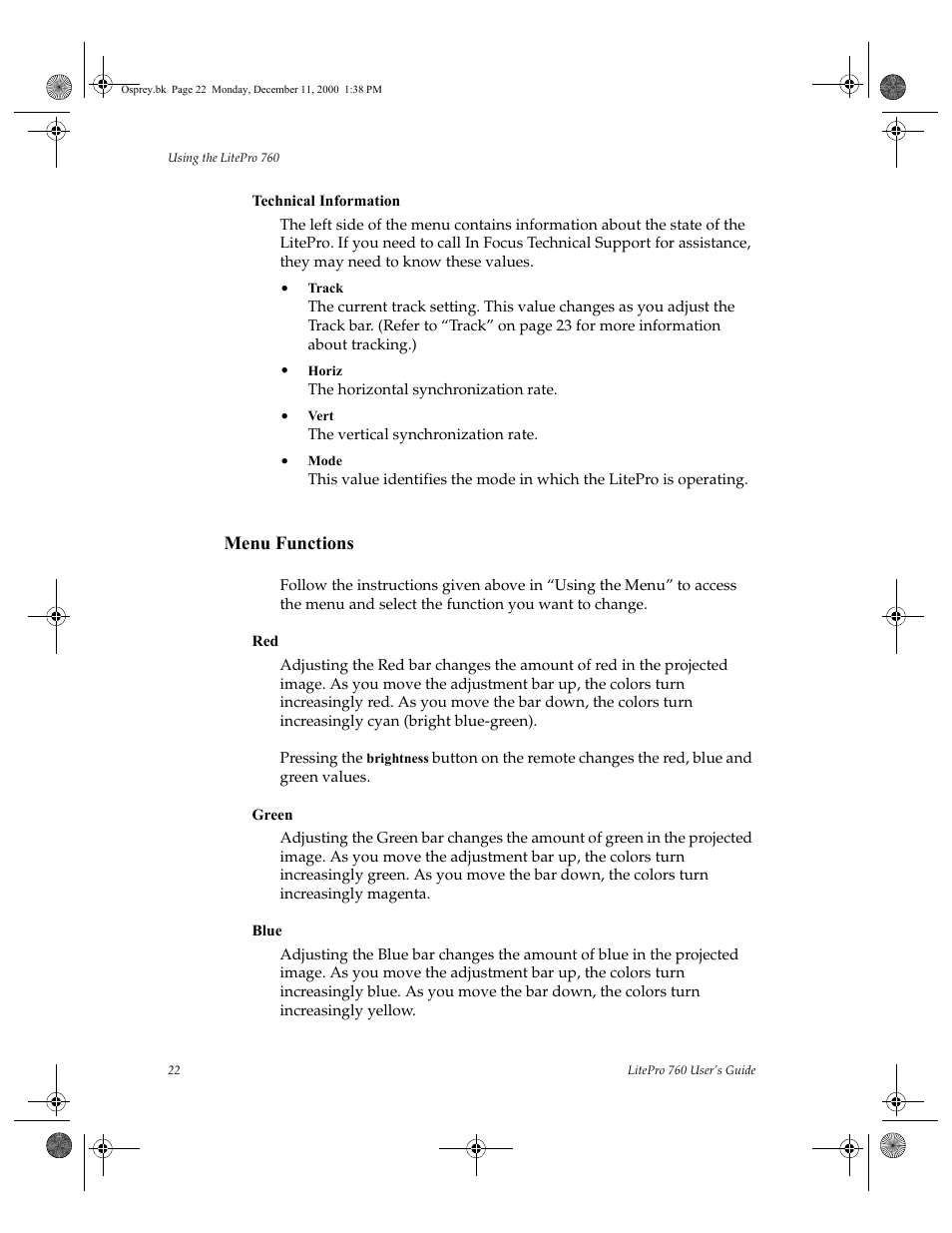Horiz the horizontal synchronization rate, Vert the vertical synchronization rate, Menu functions | InFocus 760 User Manual | Page 31 / 63