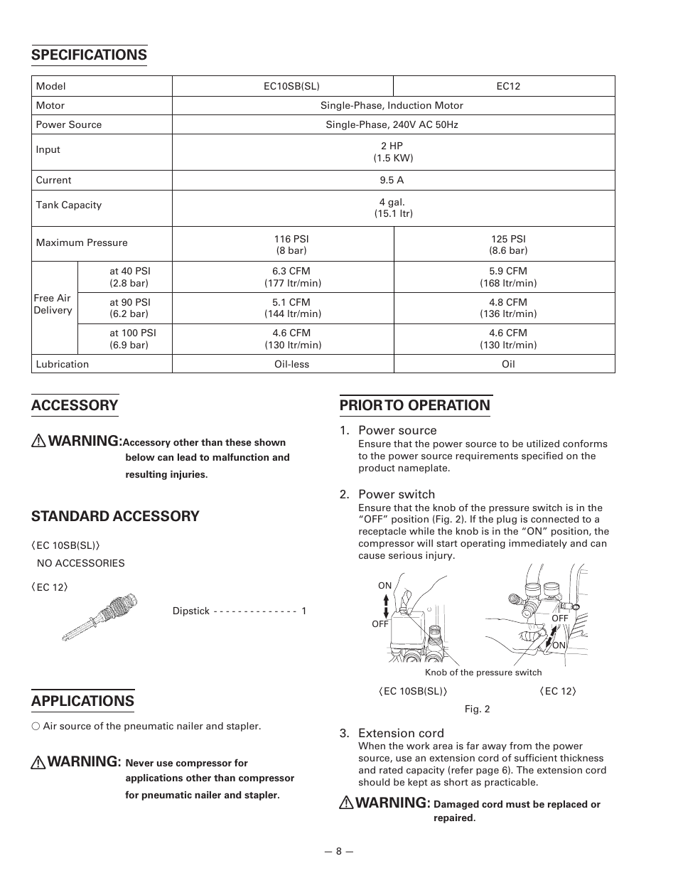 Prior to operation, Warning, Specifications | Accessory, Standard accessory, Applications | InFocus EC 10SB (SL) User Manual | Page 8 / 18