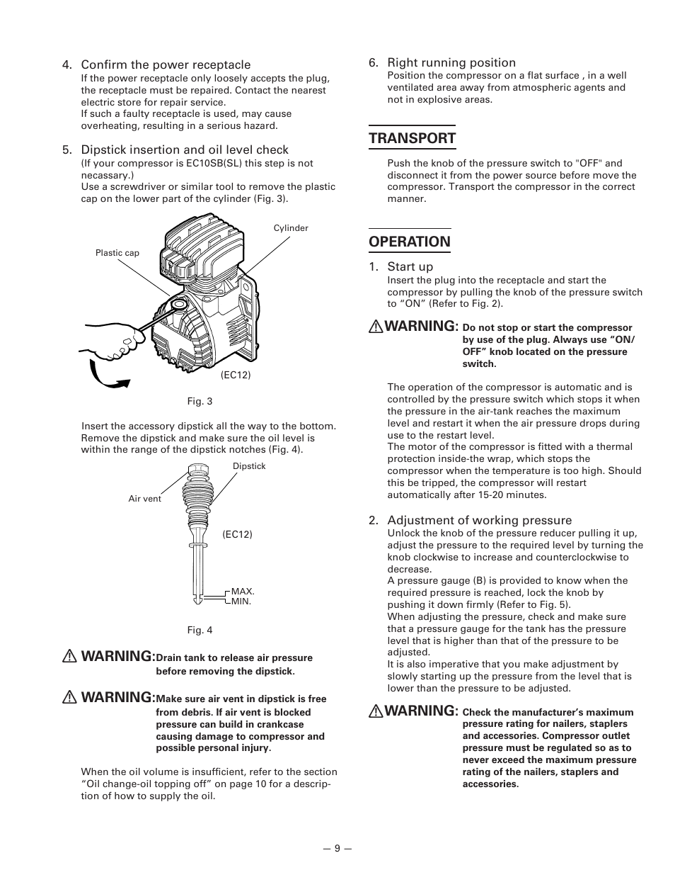 Warning, Transport, Operation | InFocus EC 10SB (SL) User Manual | Page 9 / 18