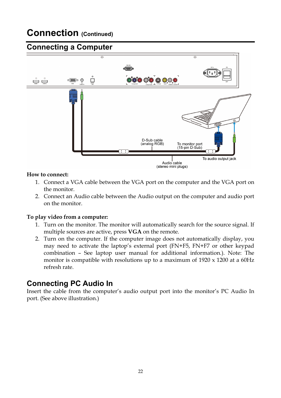 Connecting a computer, Connecting pc audio in, Connection | InFocus ST-HB55A User Manual | Page 23 / 39