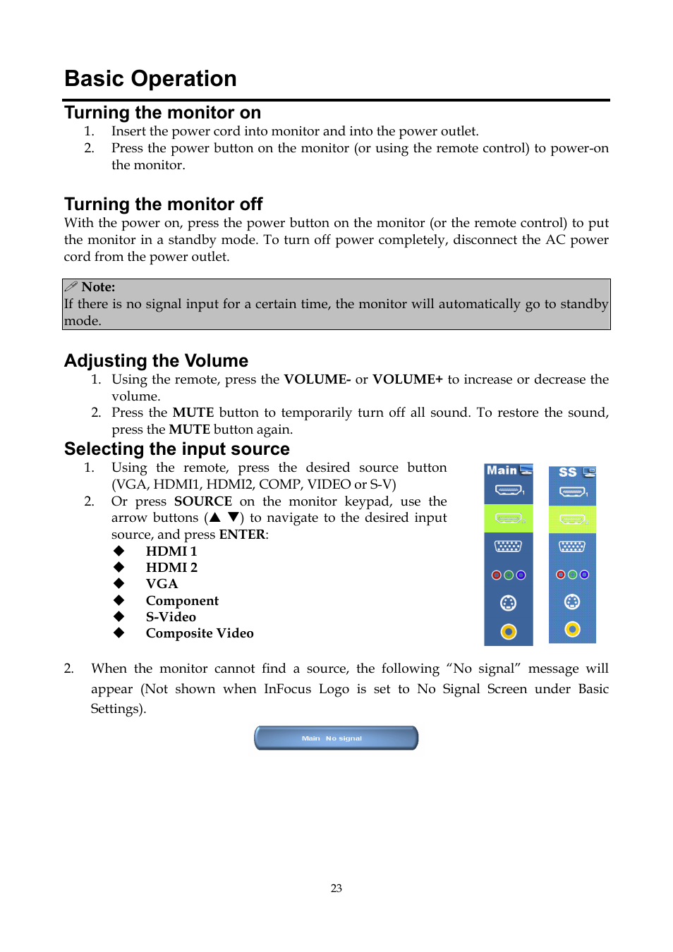Basic operation, Turning the monitor on, Turning the monitor off | Adjusting the volume, Selecting the input source | InFocus ST-HB55A User Manual | Page 24 / 39
