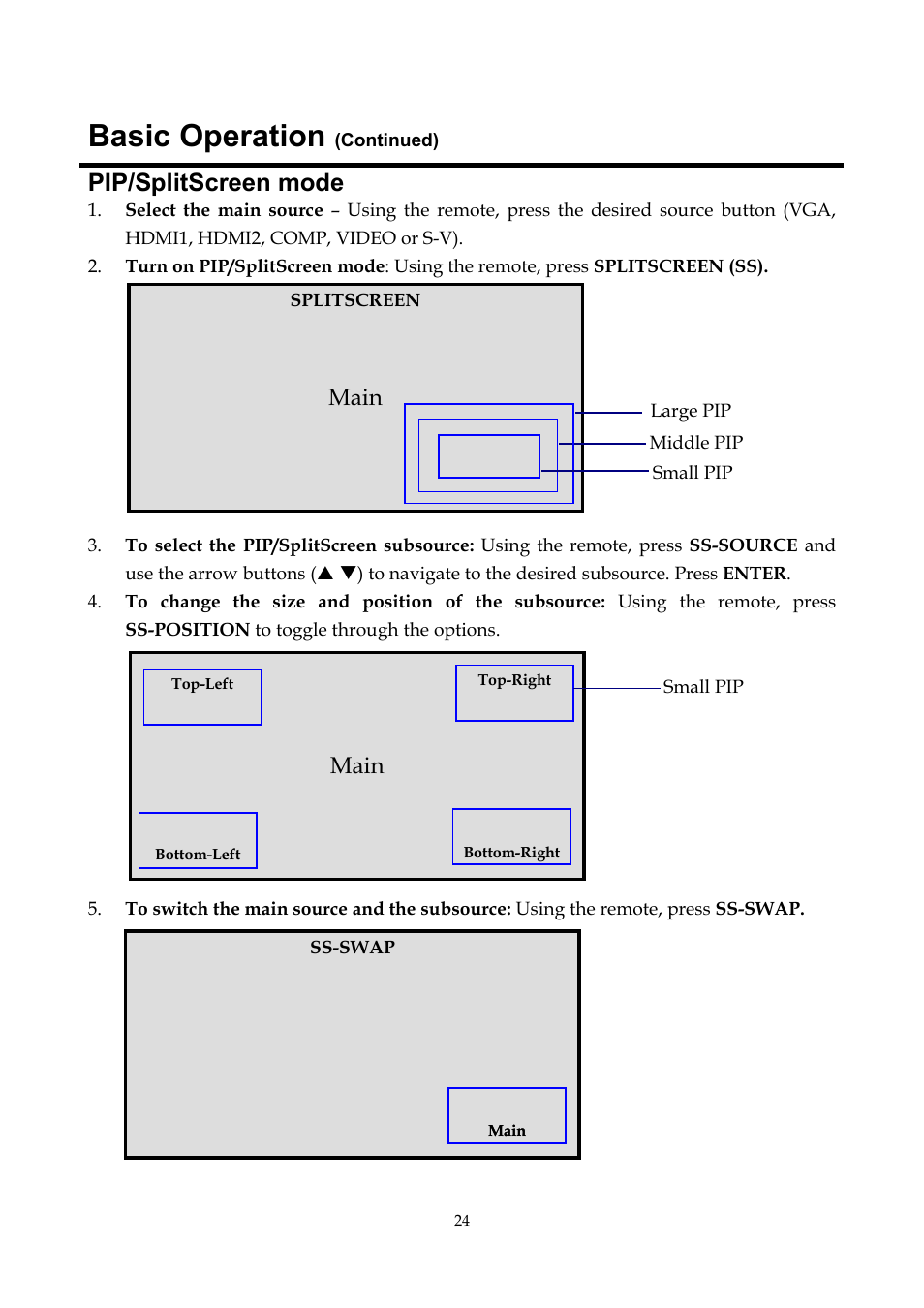 Pip/splitscreen mode, Basic operation, Main | InFocus ST-HB55A User Manual | Page 25 / 39