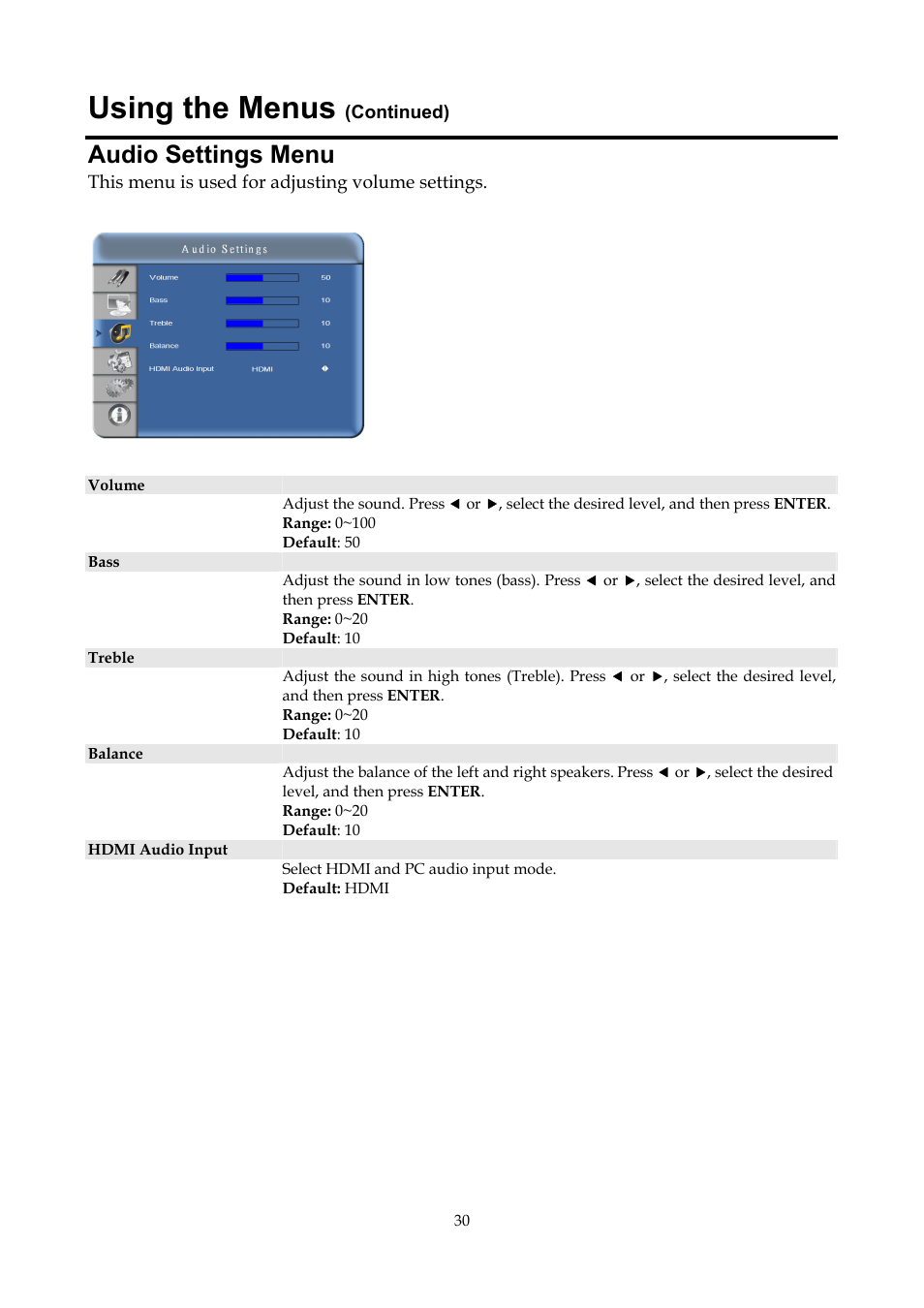 Audio settings menu, Using the menus | InFocus ST-HB55A User Manual | Page 31 / 39