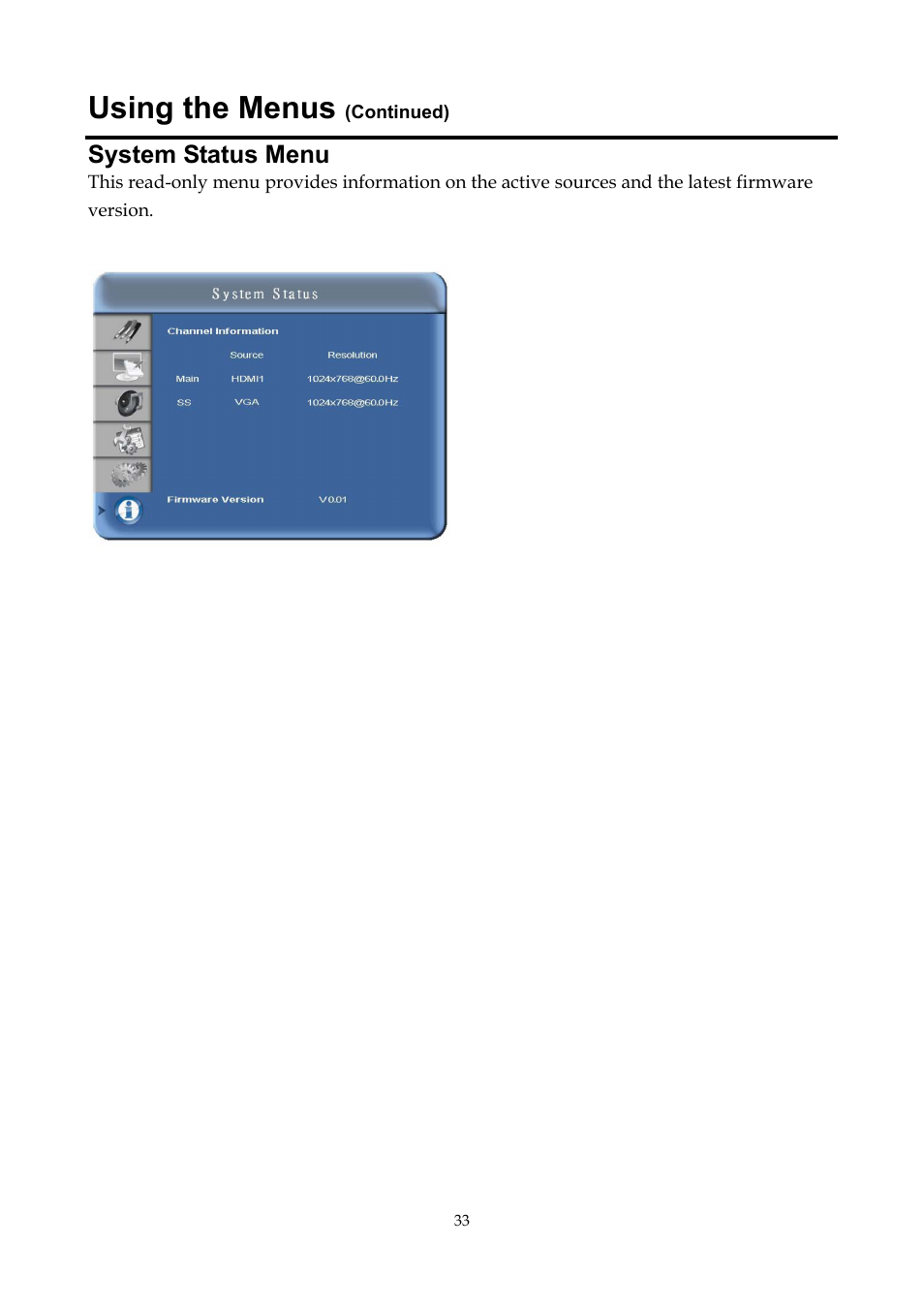 System status menu, Using the menus | InFocus ST-HB55A User Manual | Page 34 / 39