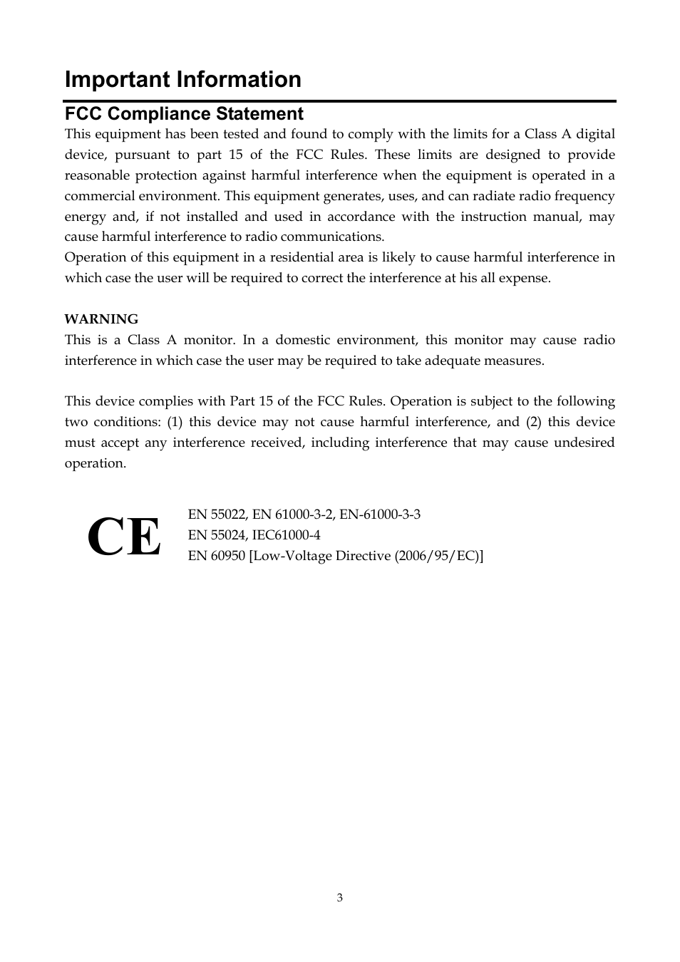 Important information, Fcc compliance statement | InFocus ST-HB55A User Manual | Page 4 / 39