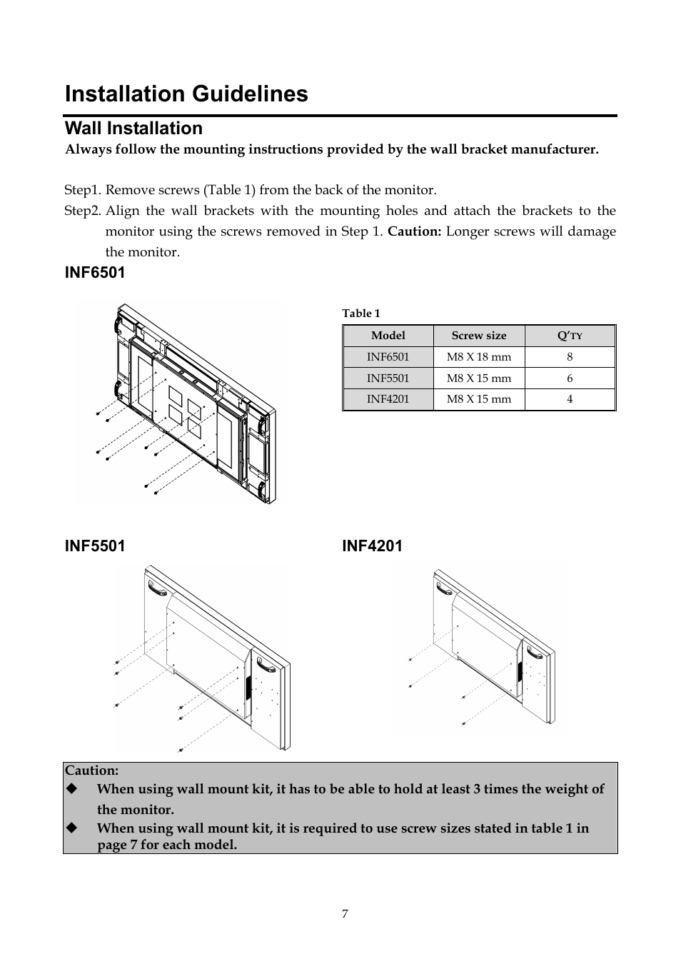 Installation guidelines, Wall installation, Inf6501 | Inf5501, Inf4201 | InFocus ST-HB55A User Manual | Page 8 / 39