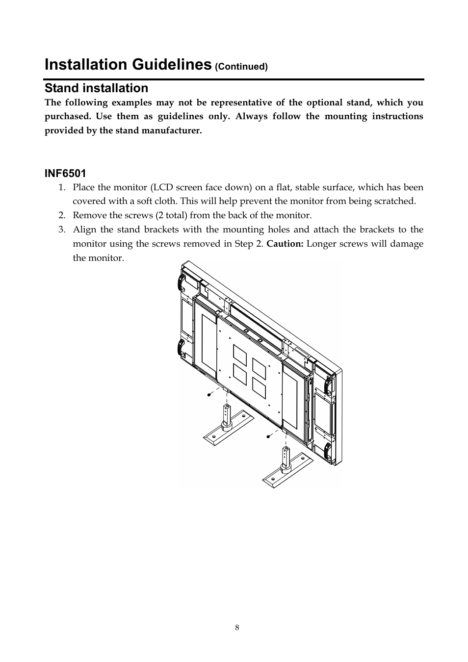 Installation guidelines (continued), Stand installation, Inf6501 | Installation guidelines | InFocus ST-HB55A User Manual | Page 9 / 39