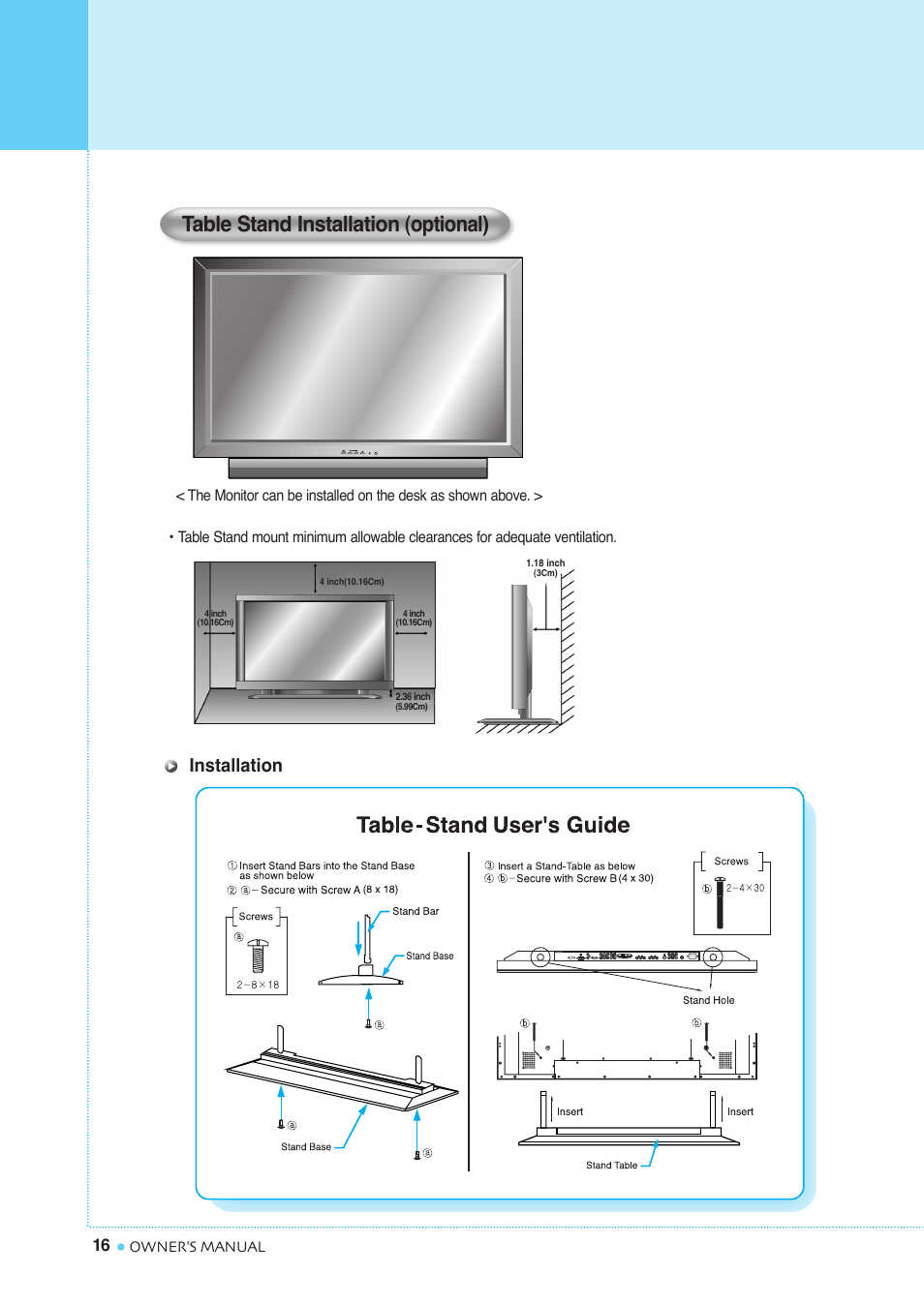 Installation, Table stand installation (optional) | InFocus TD40 PAL User Manual | Page 17 / 55