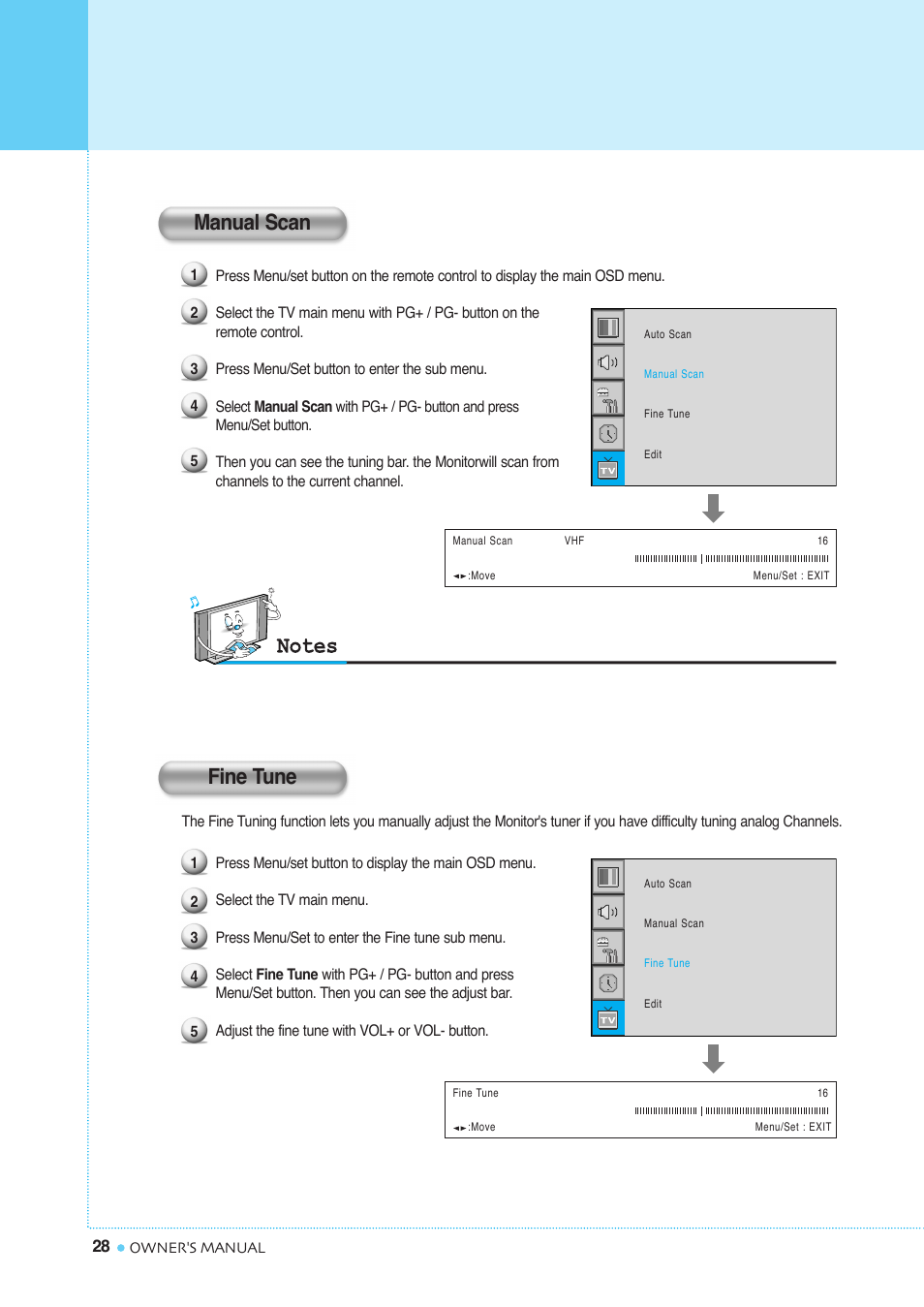 Setting the channel, Manual scan fine tune | InFocus TD40 PAL User Manual | Page 29 / 55