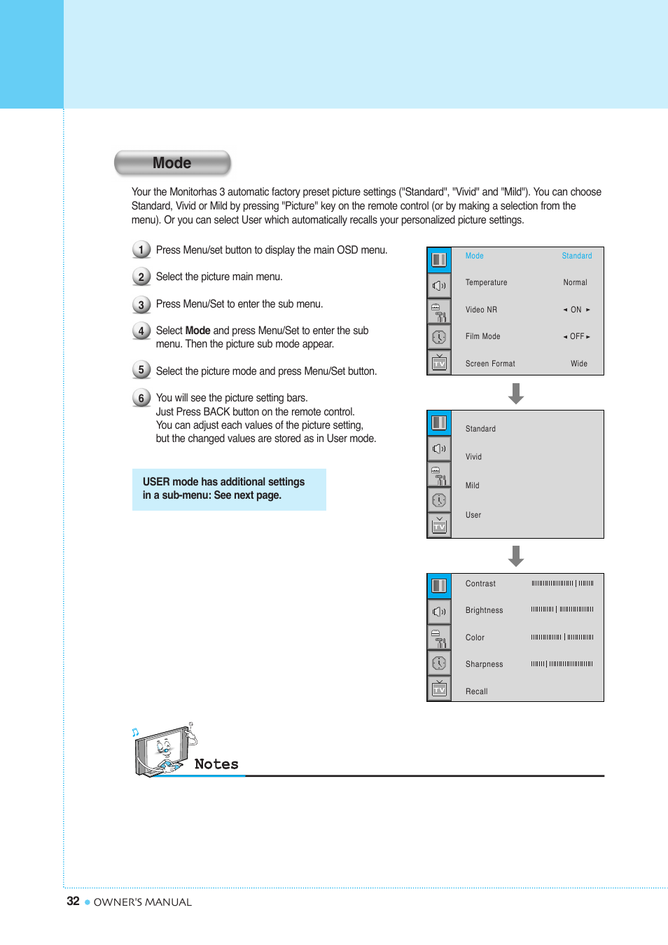 Setting the picture, Mode | InFocus TD40 PAL User Manual | Page 33 / 55