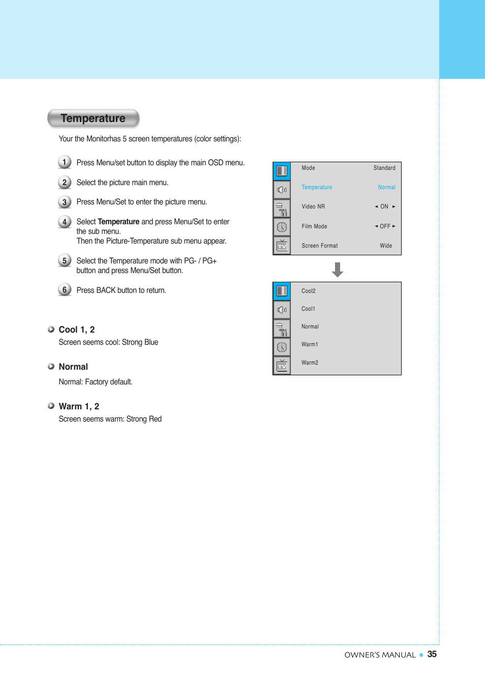 Setting the picture, Temperature | InFocus TD40 PAL User Manual | Page 36 / 55