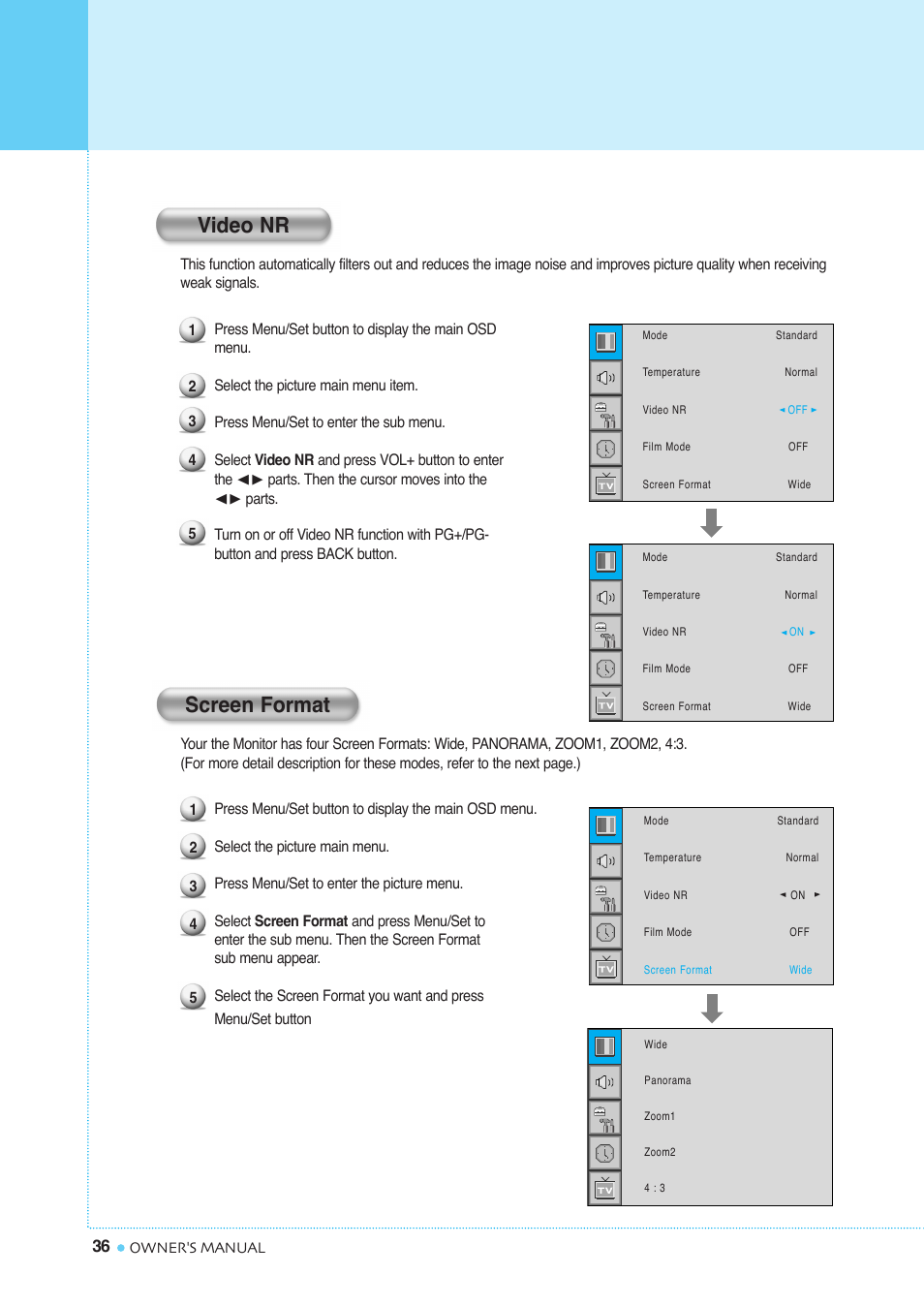 Setting the picutre, Video nr screen format | InFocus TD40 PAL User Manual | Page 37 / 55