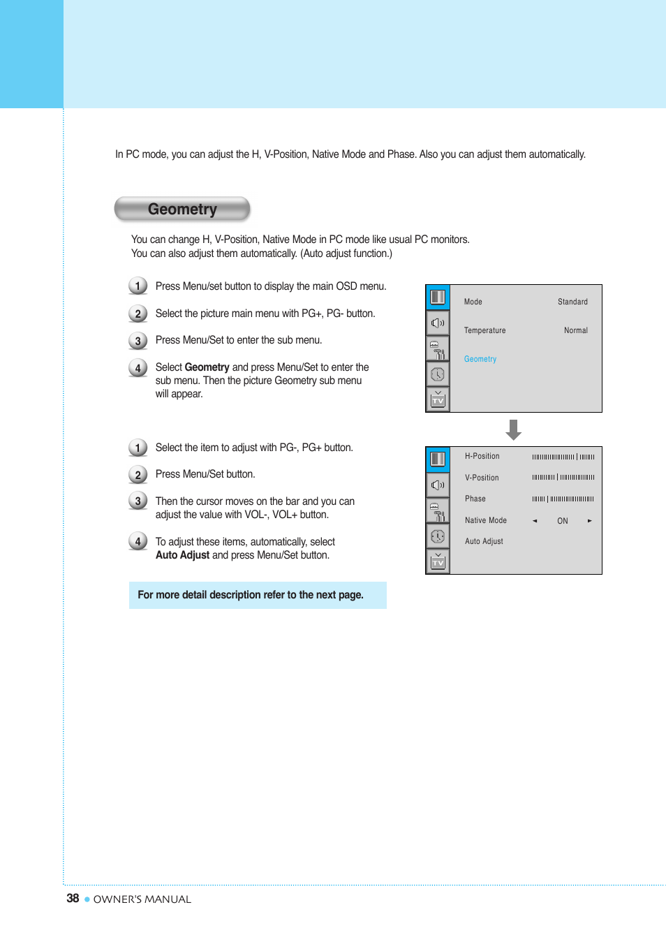 Setting the picture [pc, Geometry | InFocus TD40 PAL User Manual | Page 39 / 55